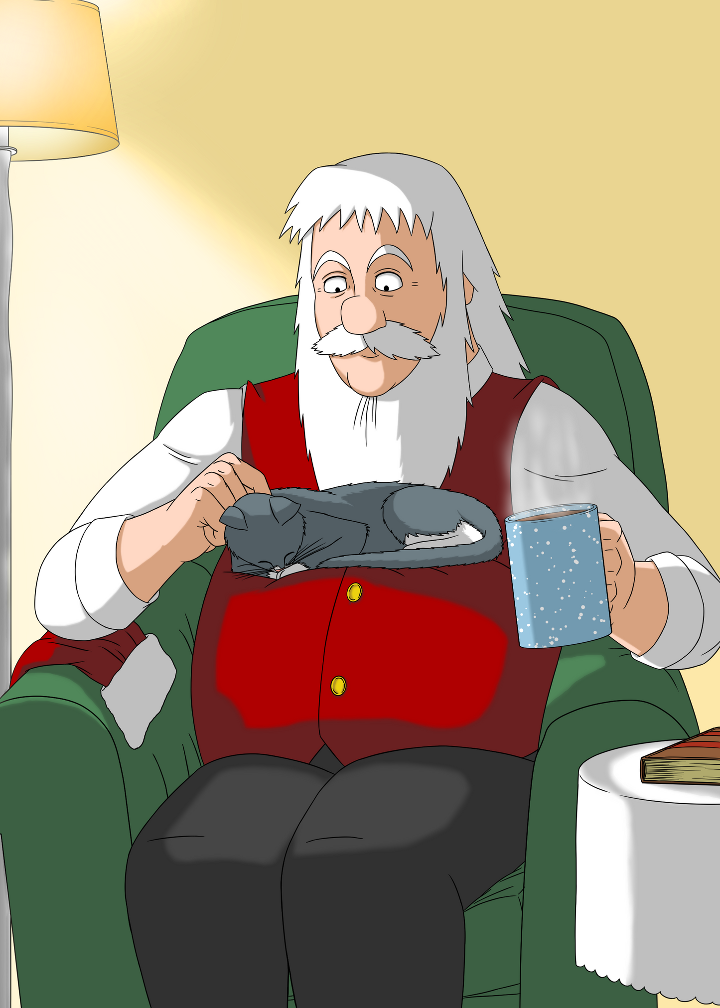 A cartoon-style illustration of an elderly man with a white beard and mustache sitting in a green armchair, wearing a red vest over a white shirt. He is holding a gray cat on his lap and a blue mug, with a lamp and side table visible in the room.
