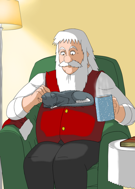 A cartoon-style illustration of an elderly man with a white beard and mustache sitting in a green armchair, wearing a red vest over a white shirt. He is holding a gray cat on his lap and a blue mug, with a lamp and side table visible in the room.